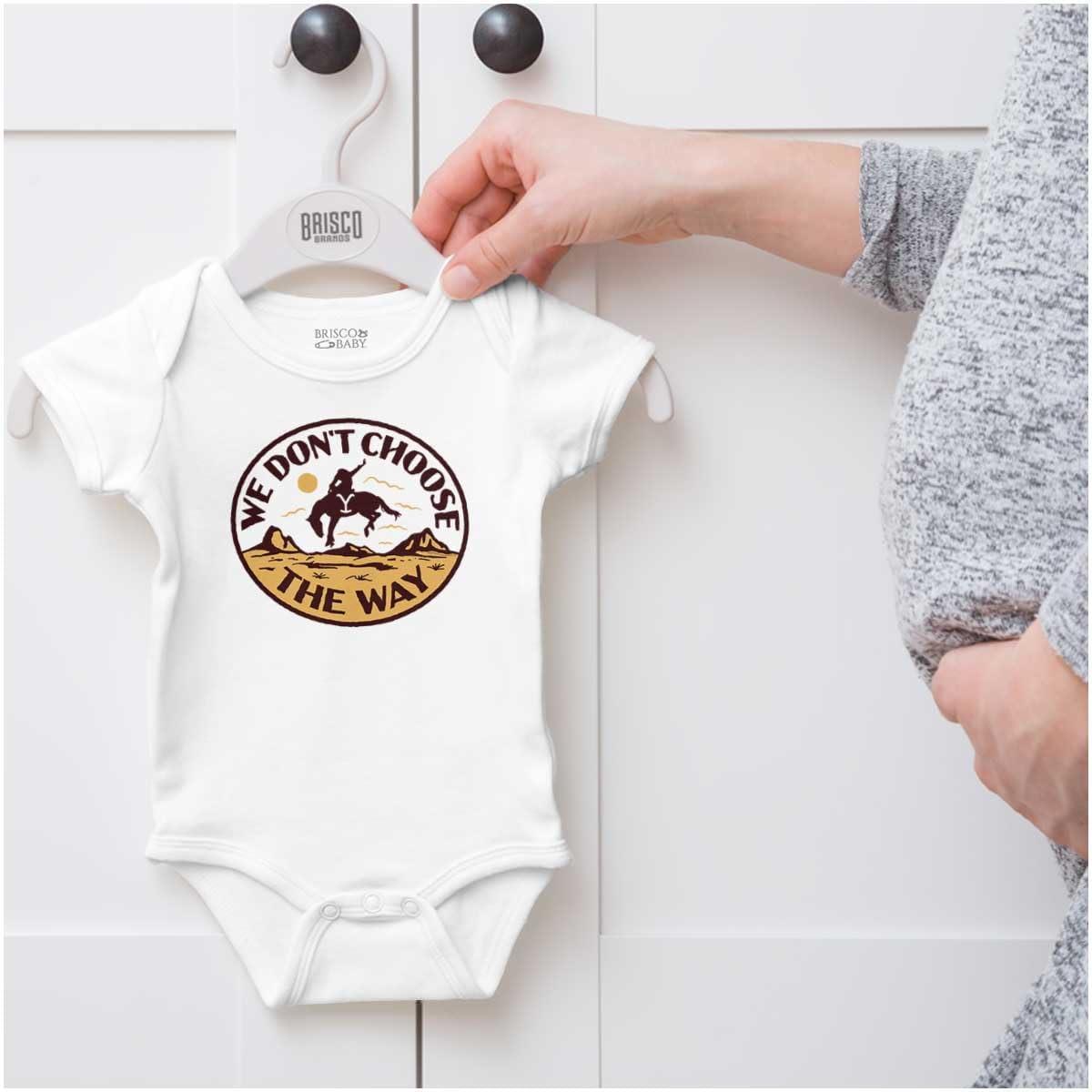 imageBrisco Brands Cowboy We Dont Choose The Way Baby Romper Boys or GirlsWhite