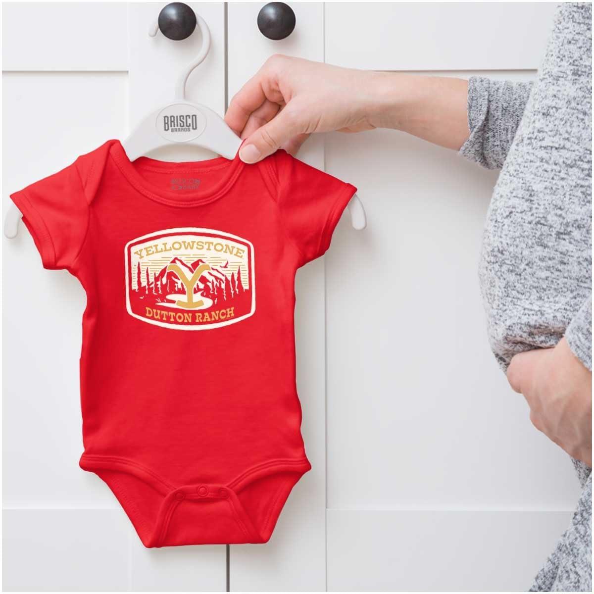 imageBrisco Brands Y Yellowstone Dutton Ranch Mountains Baby Romper Boys or GirlsRed