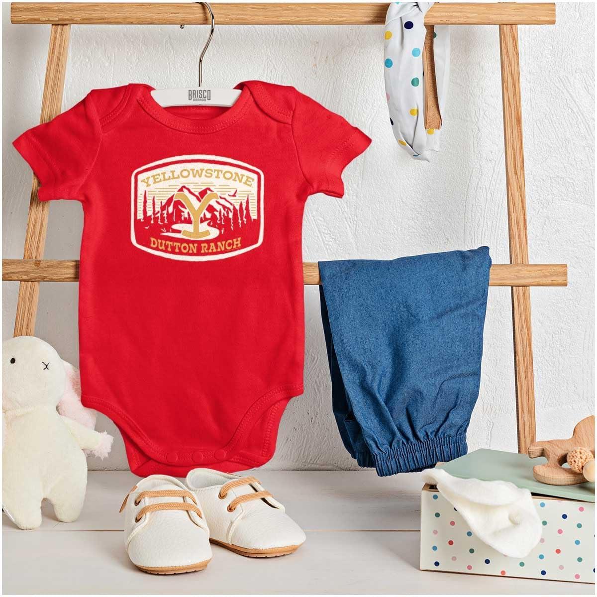 imageBrisco Brands Y Yellowstone Dutton Ranch Mountains Baby Romper Boys or GirlsRed