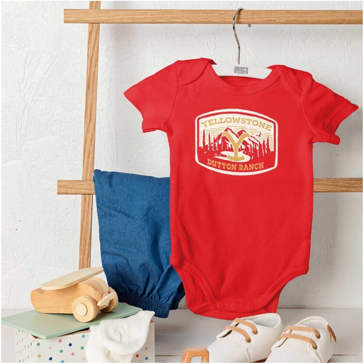 imageBrisco Brands Y Yellowstone Dutton Ranch Mountains Baby Romper Boys or GirlsRed