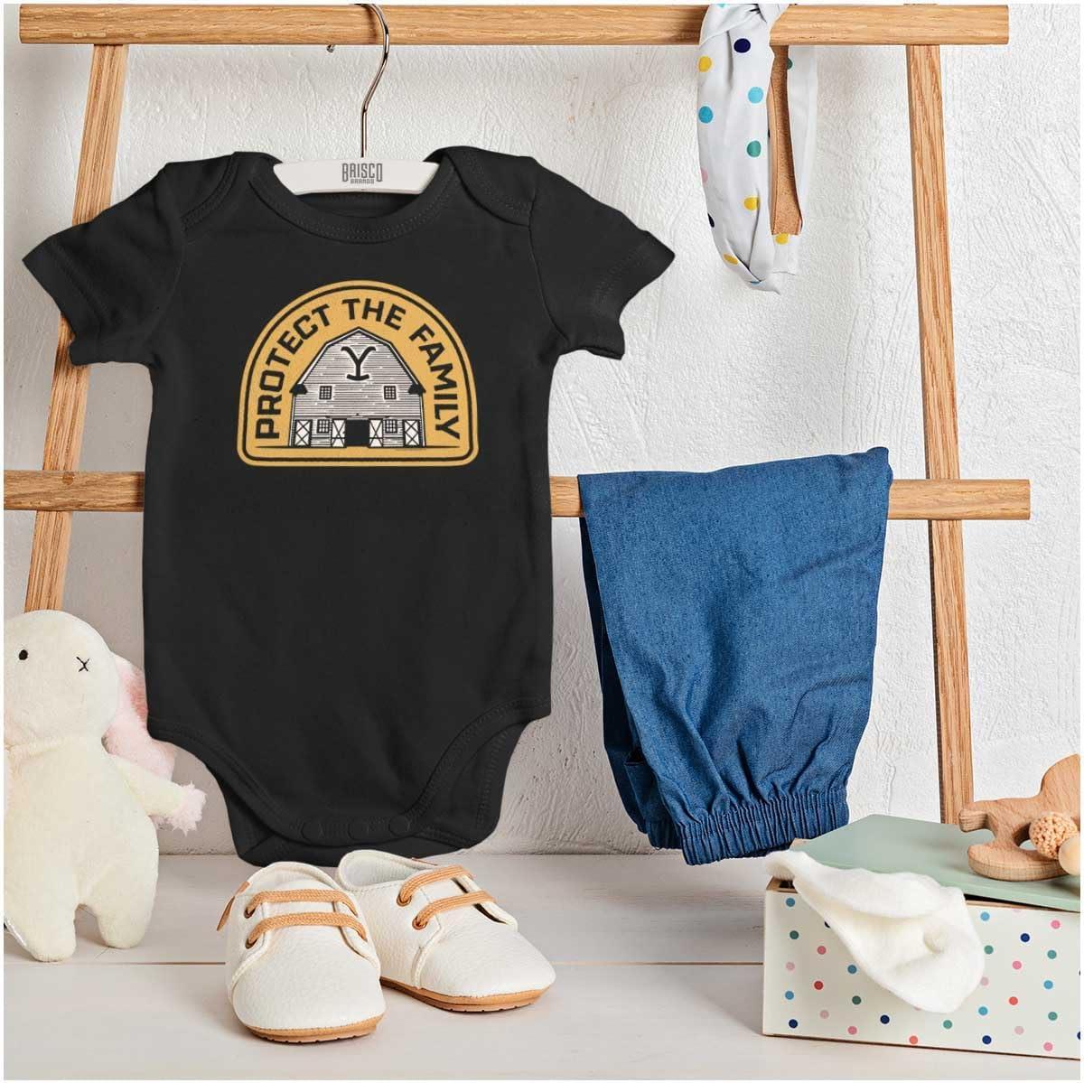 imageBrisco Brands Y Yellowstone Protect the Family Barn Baby Romper Boys or GirlsBlack