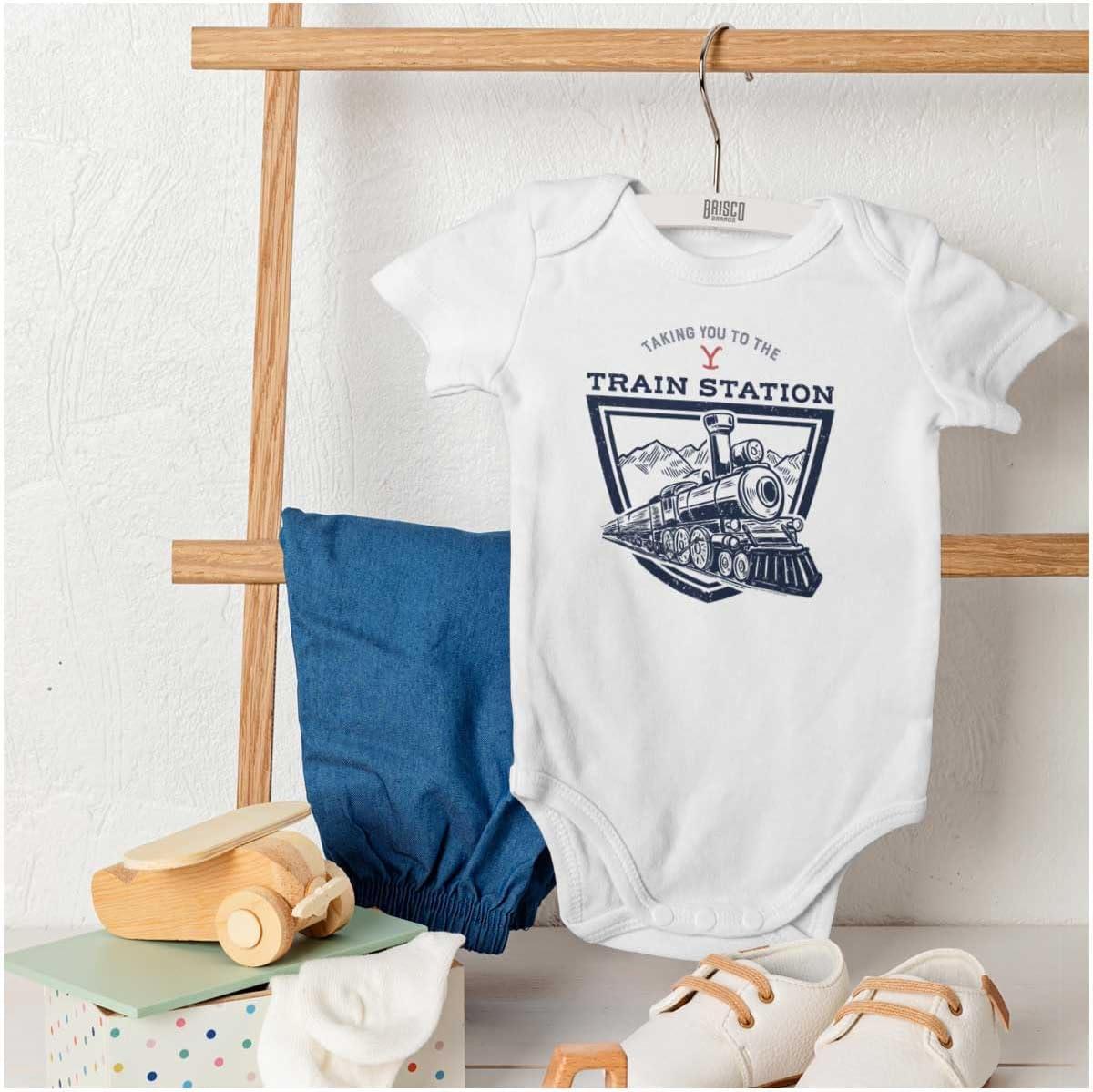imageBrisco Brands Y Yellowstone Ranch Train Station Baby Romper Boys or GirlsWhite