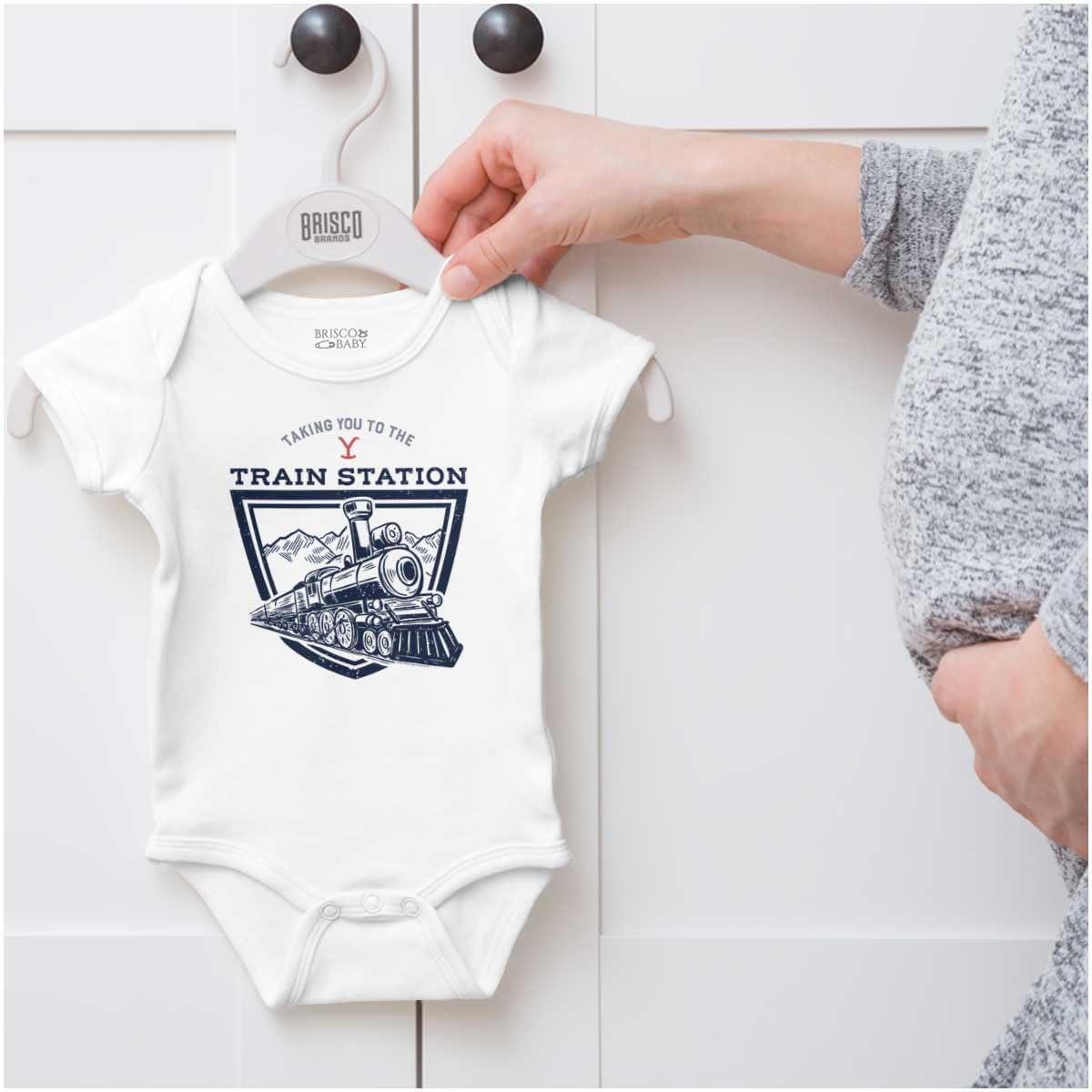 imageBrisco Brands Y Yellowstone Ranch Train Station Baby Romper Boys or GirlsWhite