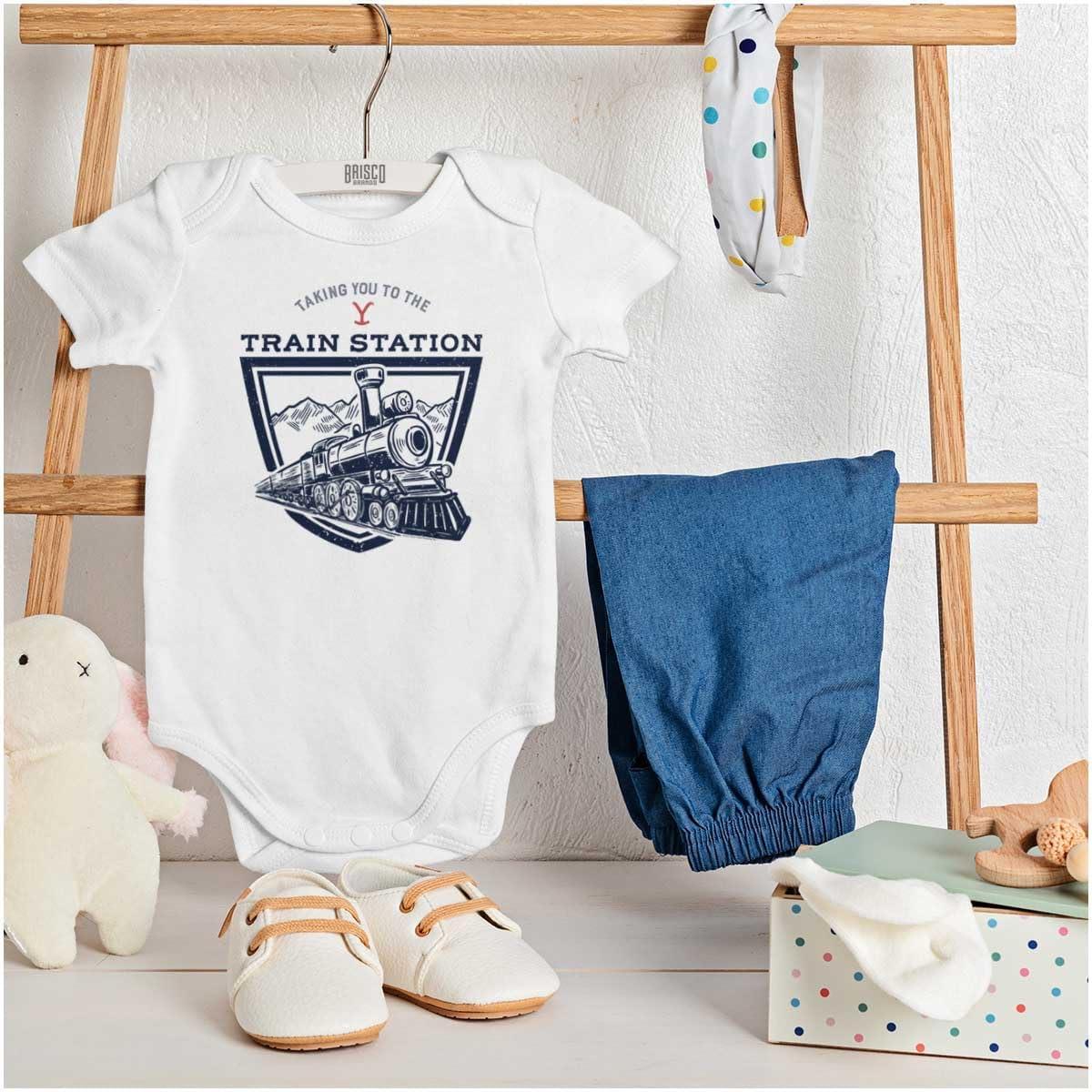 imageBrisco Brands Y Yellowstone Ranch Train Station Baby Romper Boys or GirlsWhite