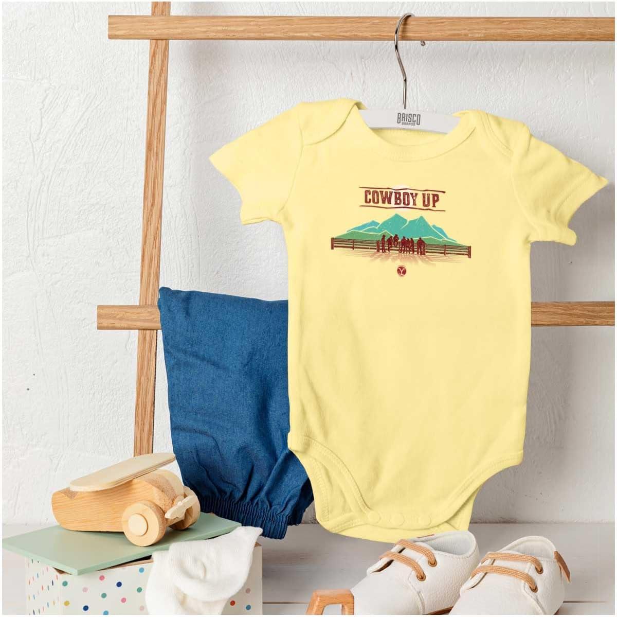 imageBrisco Brands Y Yellowstone Vintage Cowboy Up Baby Romper Boys or GirlsBanana
