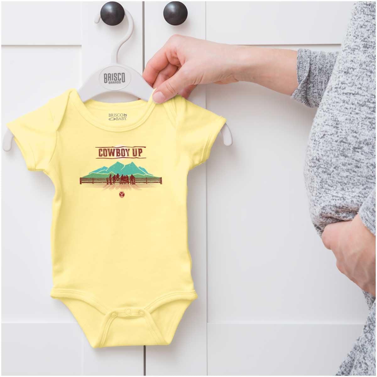 imageBrisco Brands Y Yellowstone Vintage Cowboy Up Baby Romper Boys or GirlsBanana