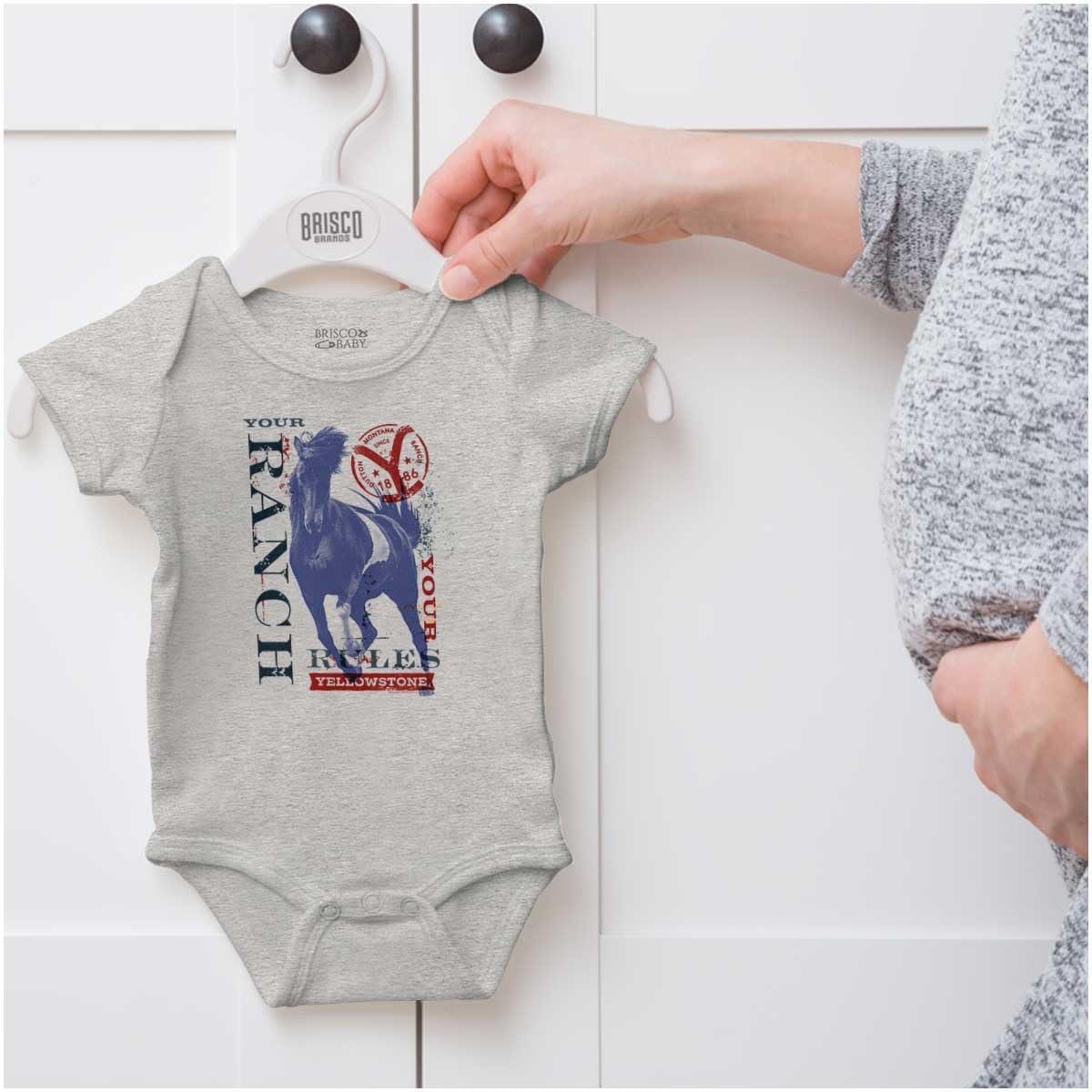 imageBrisco Brands Y Yellowstone Your Ranch Your Rules Baby Romper Boys or GirlsHeather