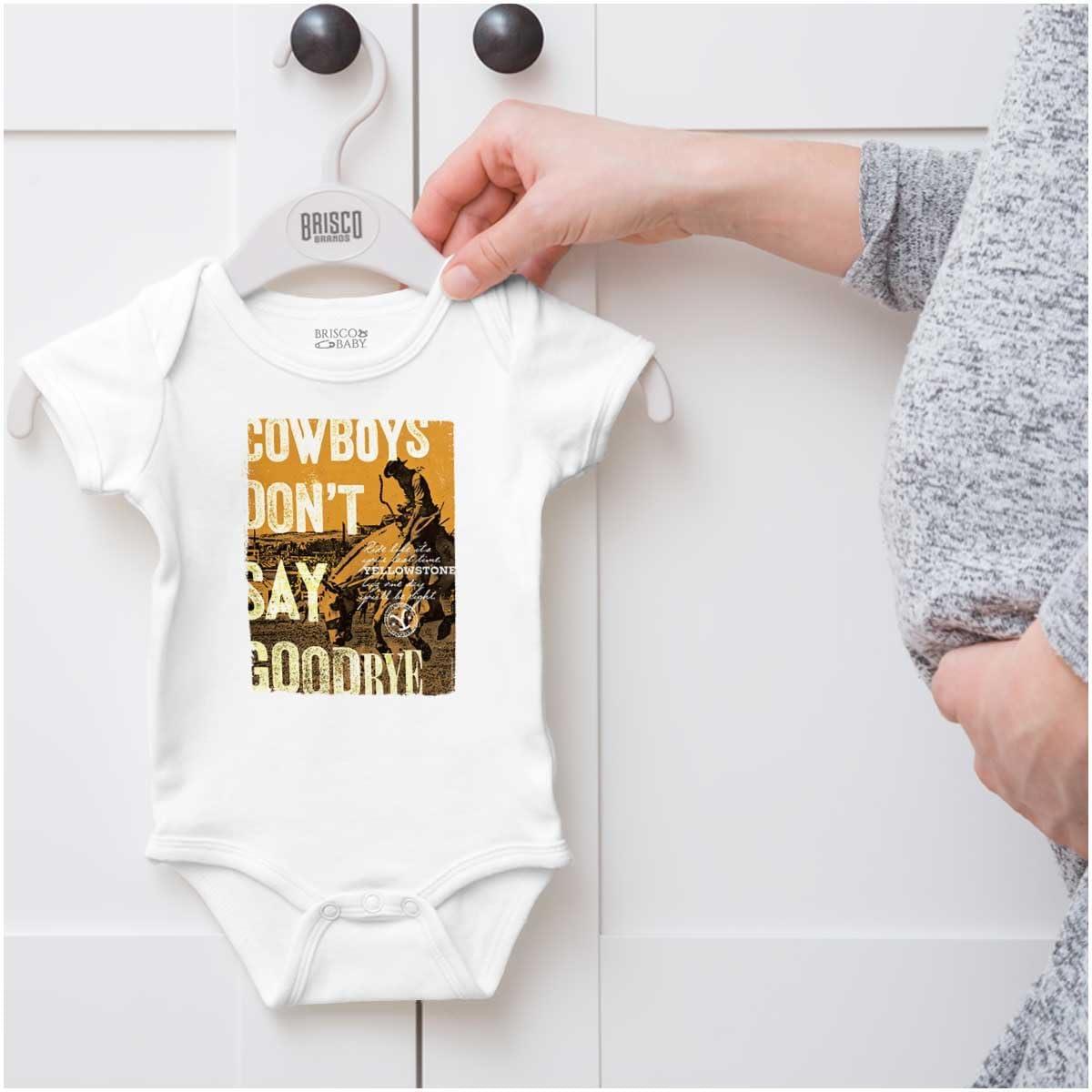 imageBrisco Brands Yellowstone Cowboys Dont Say Goodbye Baby Romper Boys or GirlsWhite