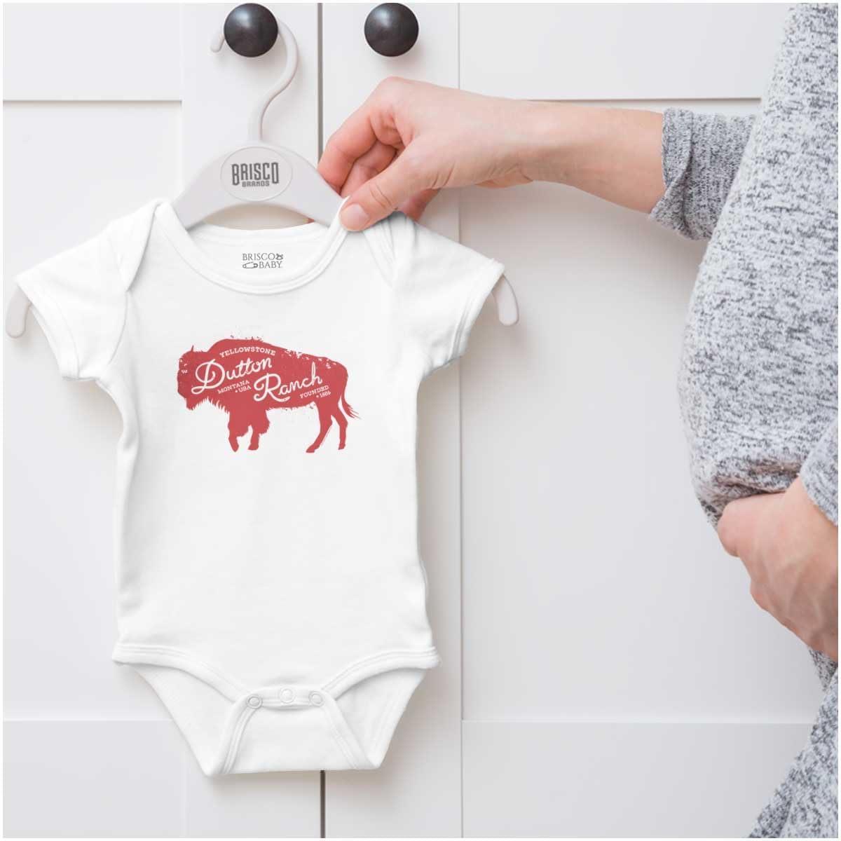 imageBrisco Brands Yellowstone Dutton Ranch Buffalo Baby Romper Boys or GirlsWhite