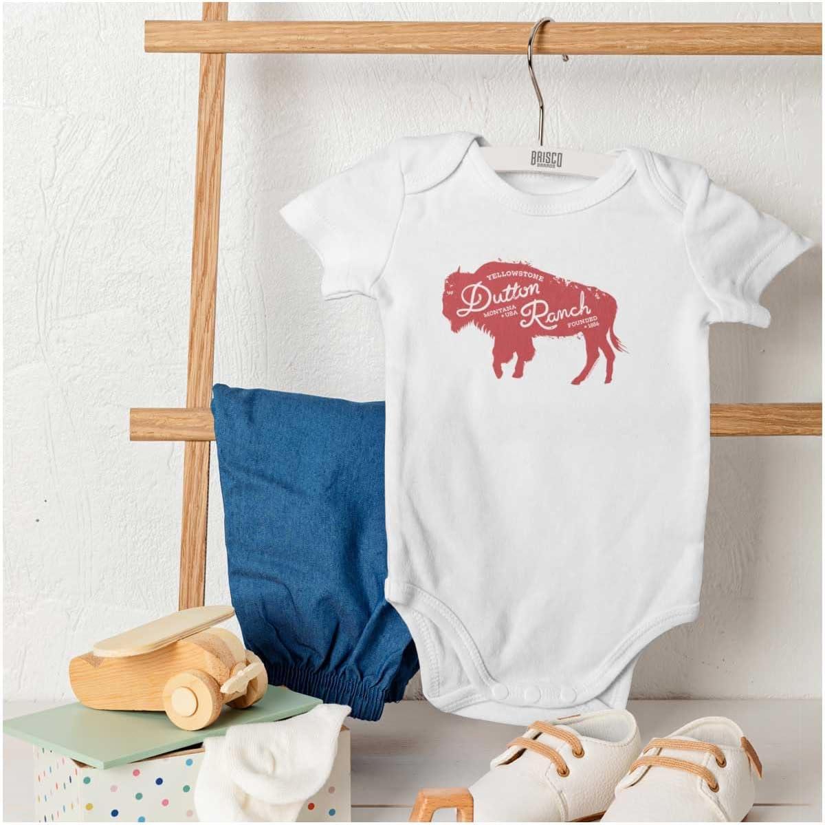 imageBrisco Brands Yellowstone Dutton Ranch Buffalo Baby Romper Boys or GirlsWhite