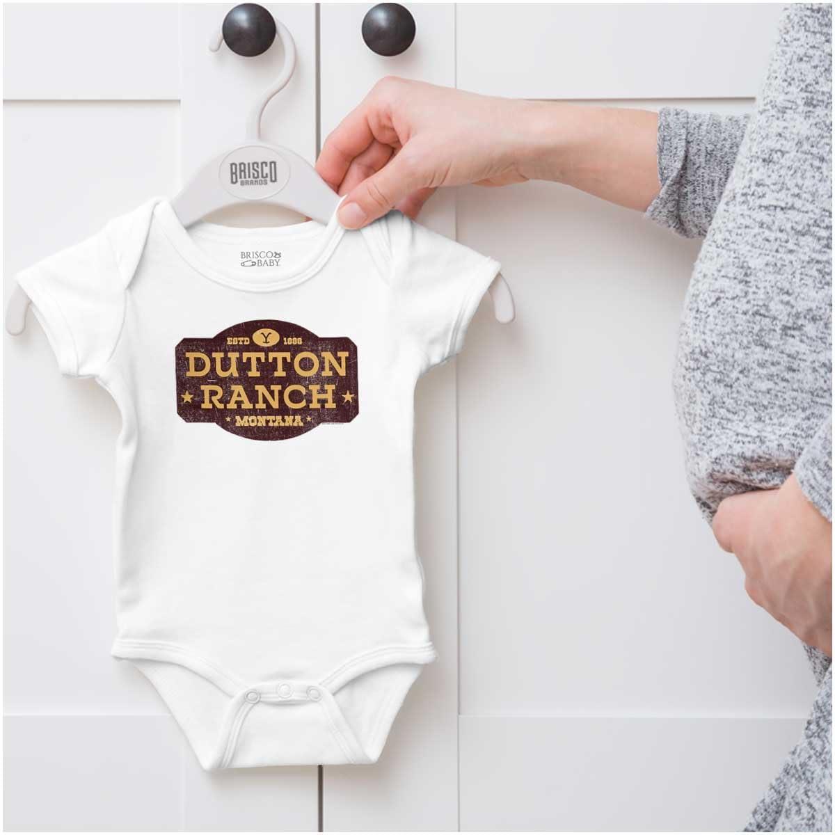 imageBrisco Brands Yellowstone Dutton Ranch Sign Baby Romper Boys or GirlsWhite