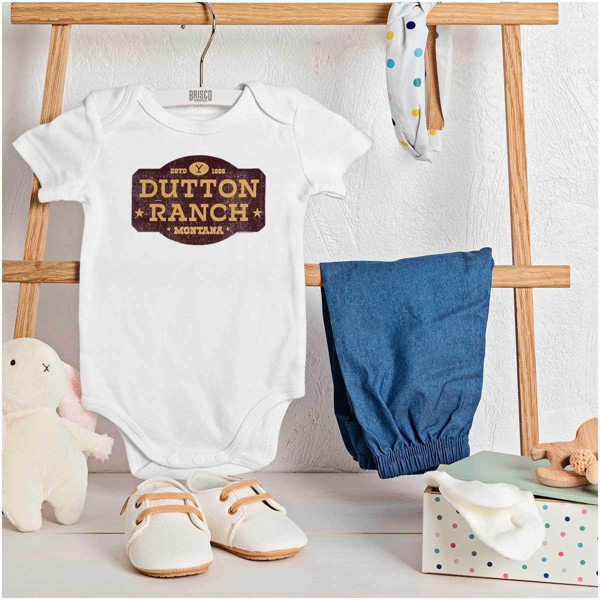 imageBrisco Brands Yellowstone Dutton Ranch Sign Baby Romper Boys or GirlsWhite