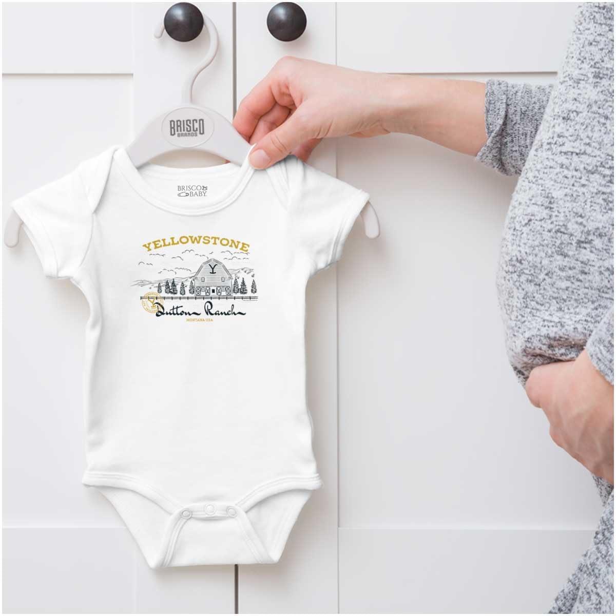 imageBrisco Brands Yellowstone Dutton Ranch Y Barn Baby Romper Boys or GirlsWhite
