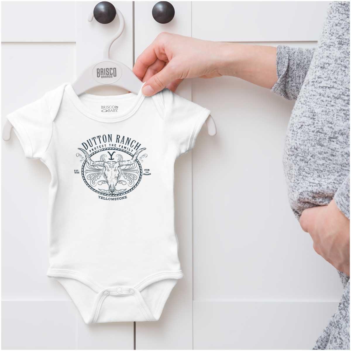 imageBrisco Brands Yellowstone Dutton Ranch Y Bull Baby Romper Boys or GirlsWhite
