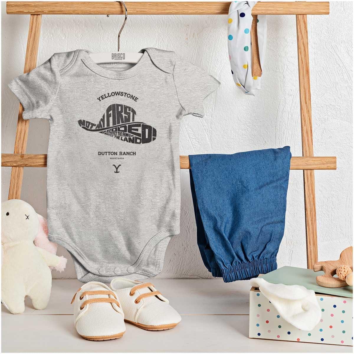 imageBrisco Brands Yellowstone Not My First Rodeo Hat Baby Romper Boys or GirlsHeather