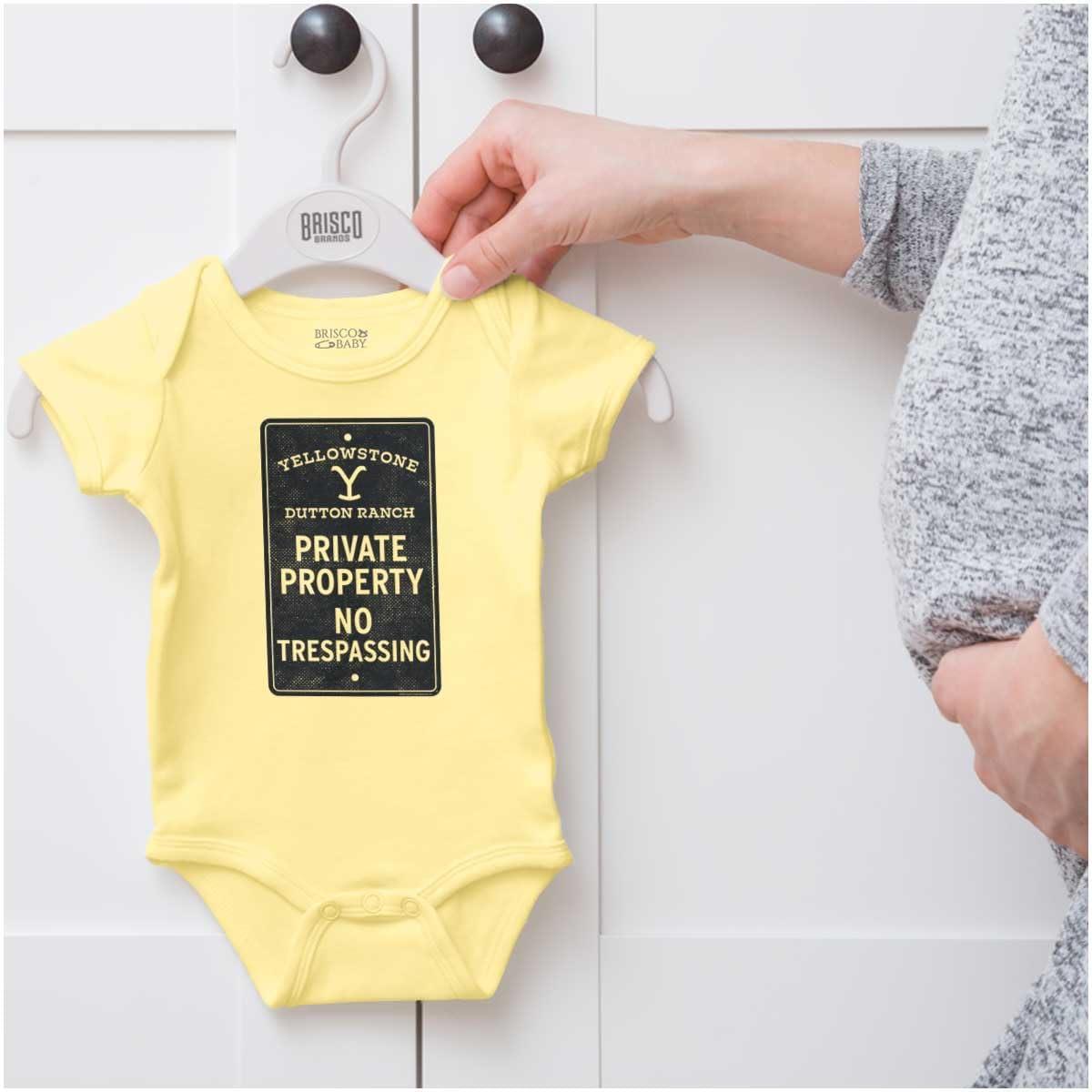 imageBrisco Brands Yellowstone Private Property Sign Baby Romper Boys or GirlsBanana