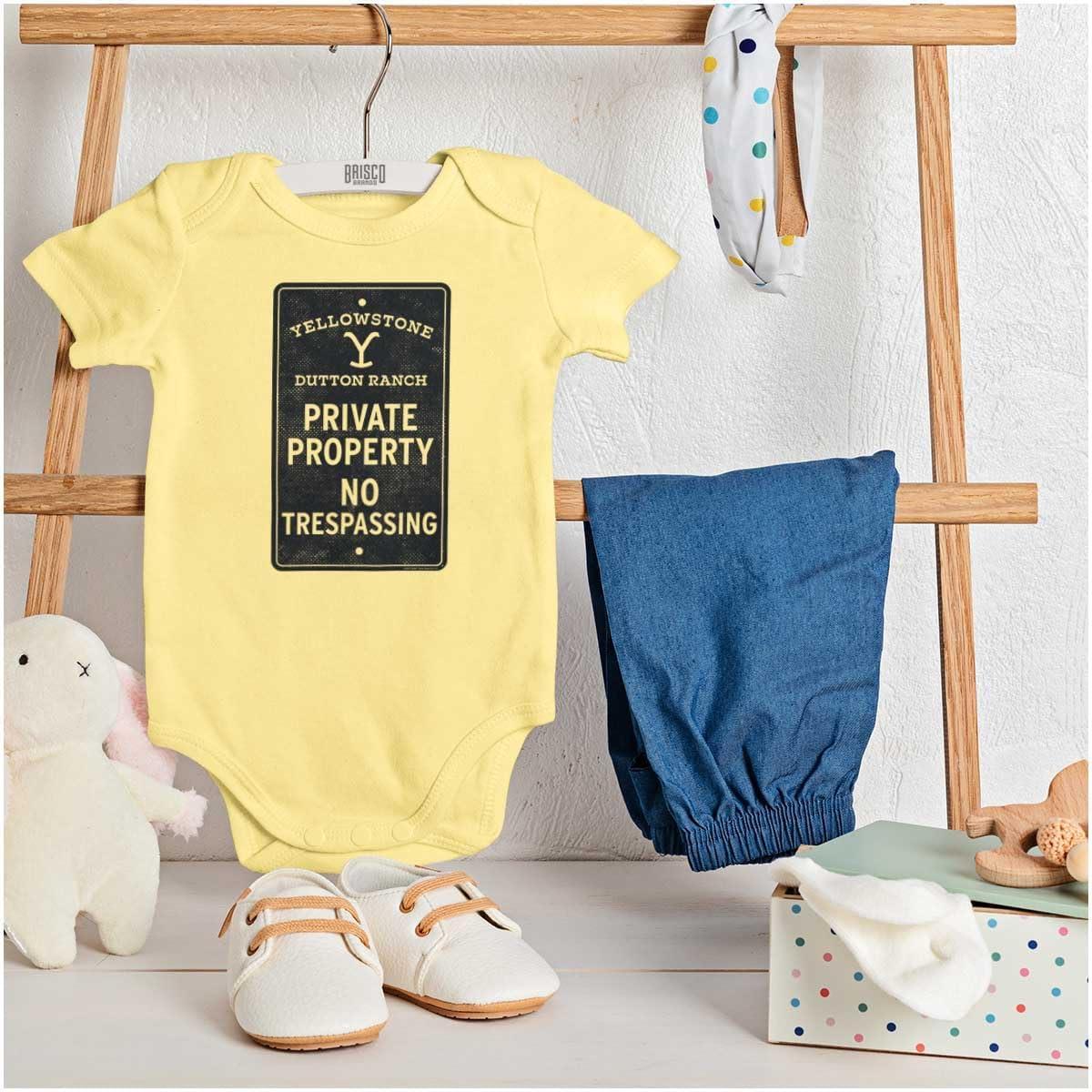 imageBrisco Brands Yellowstone Private Property Sign Baby Romper Boys or GirlsBanana