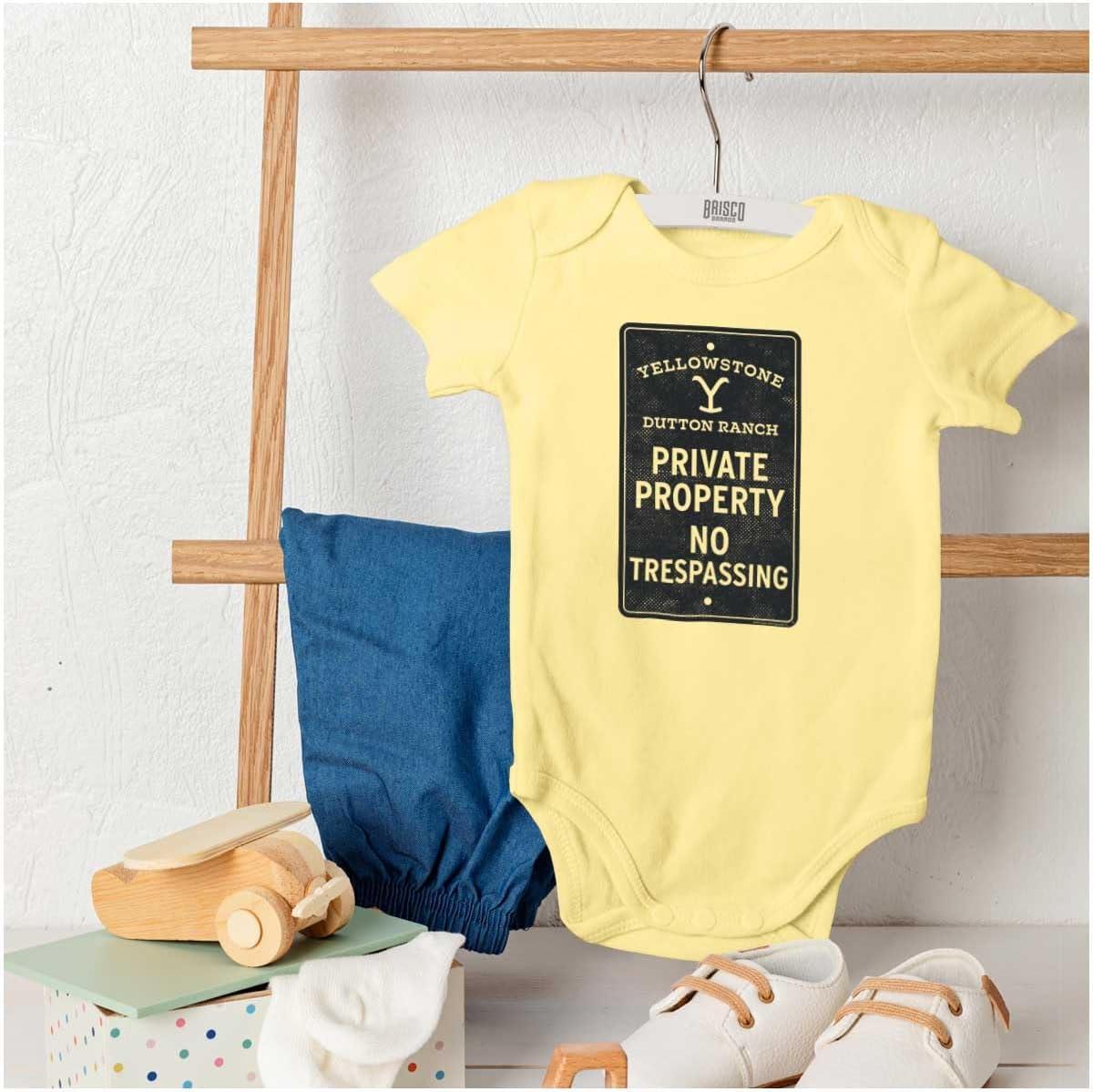 imageBrisco Brands Yellowstone Private Property Sign Baby Romper Boys or GirlsBanana