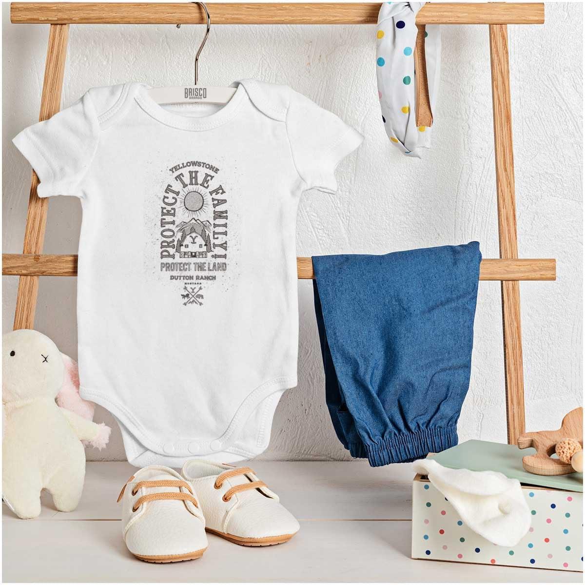 imageBrisco Brands Yellowstone Protect the Family Barn Baby Romper Boys or GirlsWhite