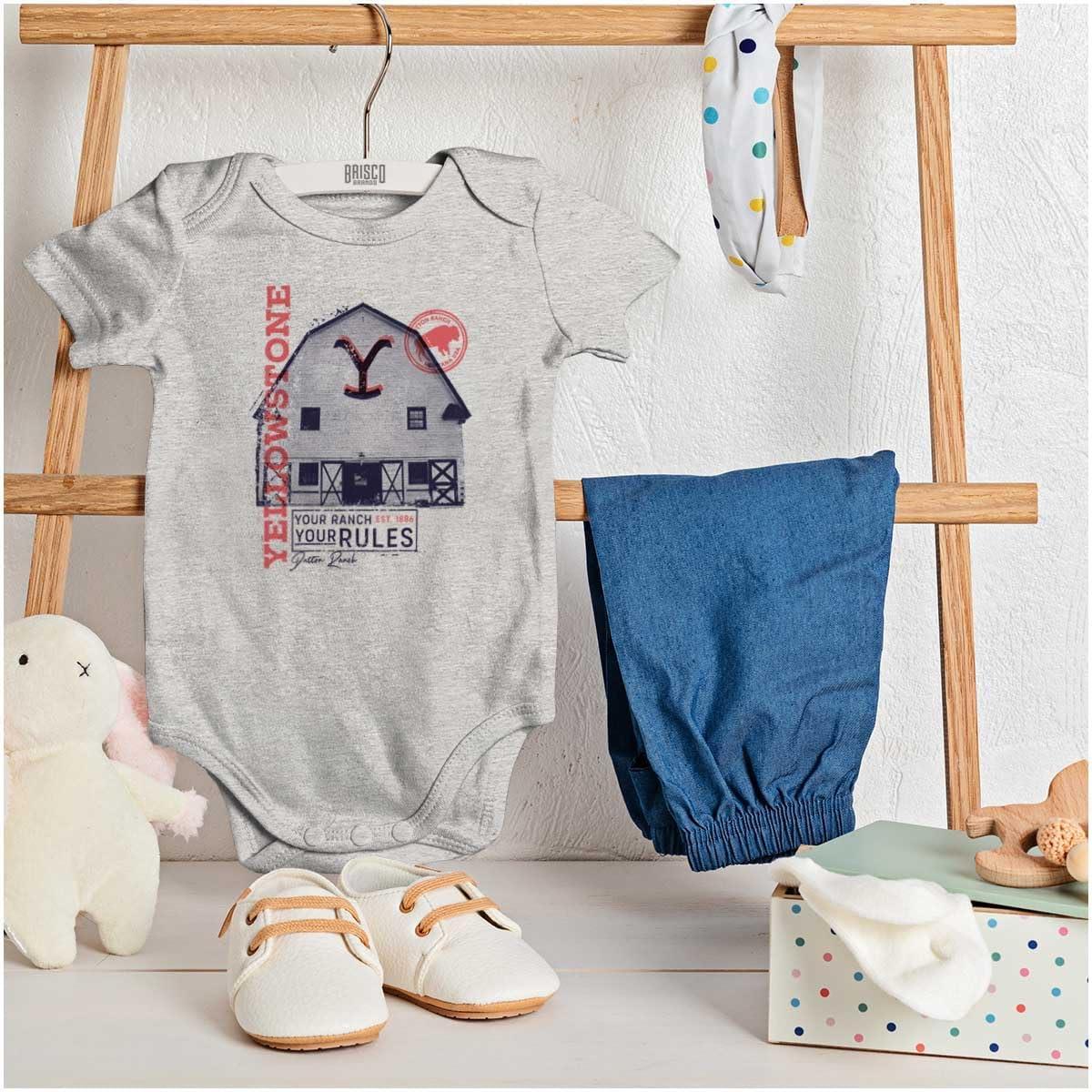 imageBrisco Brands Yellowstone Ranch Your Rules Barn Baby Romper Boys or GirlsHeather