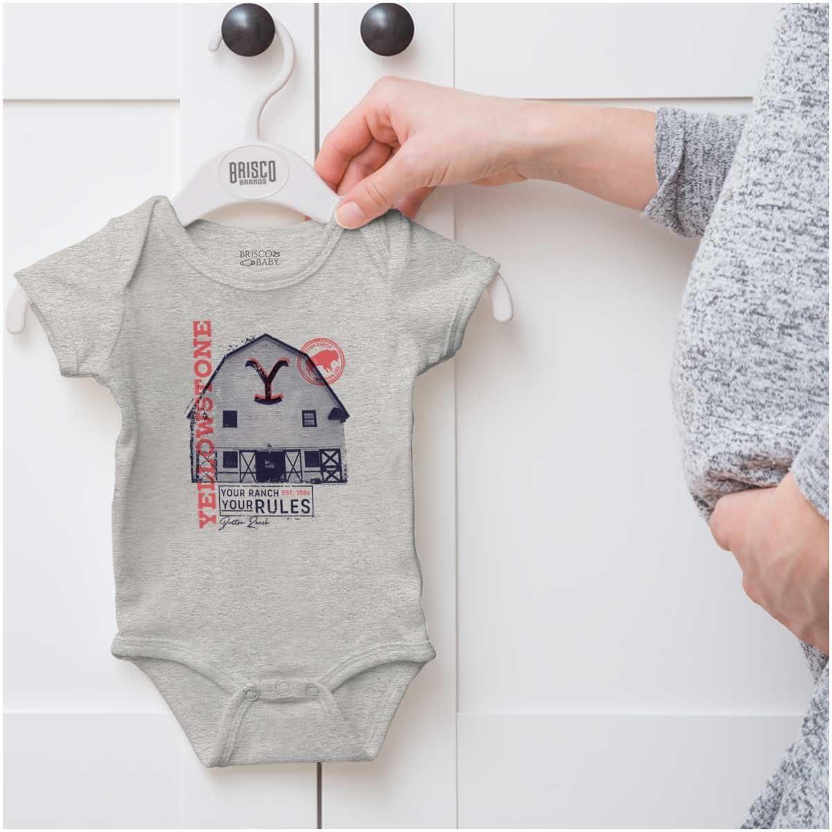 imageBrisco Brands Yellowstone Ranch Your Rules Barn Baby Romper Boys or GirlsHeather
