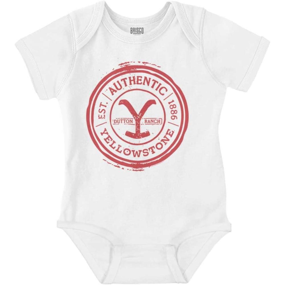 imageBrisco Brands Authentic Yellowstone Ranch Stamp Baby Romper Boys or GirlsWhite