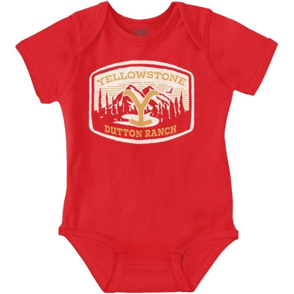 imageBrisco Brands Y Yellowstone Dutton Ranch Mountains Baby Romper Boys or GirlsRed