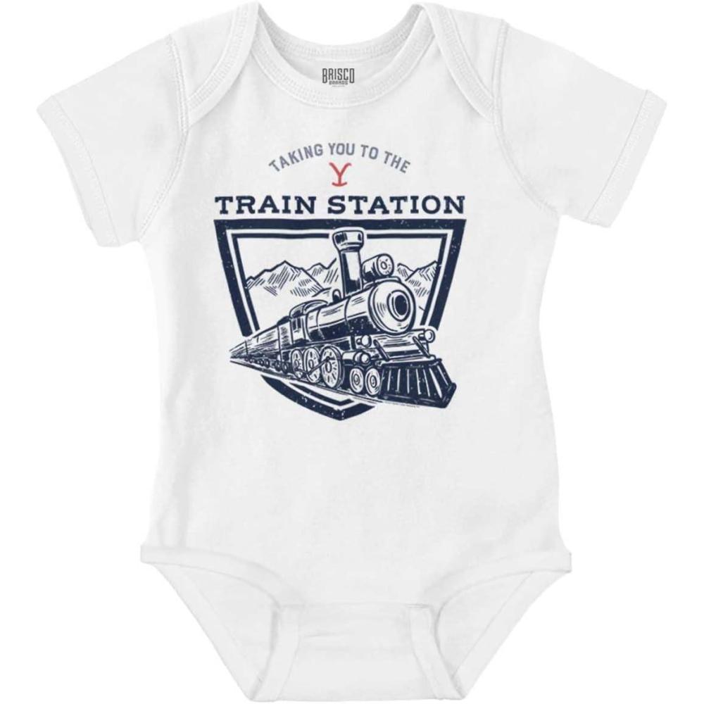 imageBrisco Brands Y Yellowstone Ranch Train Station Baby Romper Boys or GirlsWhite