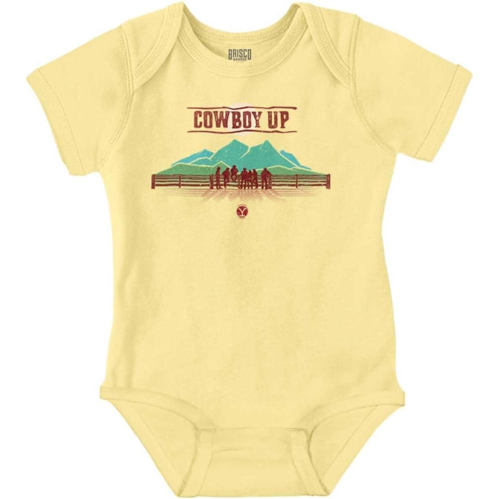 imageBrisco Brands Y Yellowstone Vintage Cowboy Up Baby Romper Boys or GirlsBanana