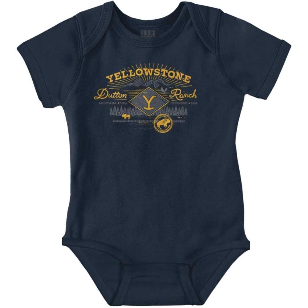 imageBrisco Brands Yellowstone Dutton Ranch Y Mountains Baby Romper Boys or GirlsNavy