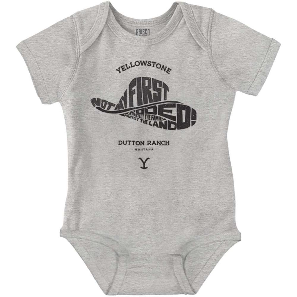 imageBrisco Brands Yellowstone Not My First Rodeo Hat Baby Romper Boys or GirlsHeather