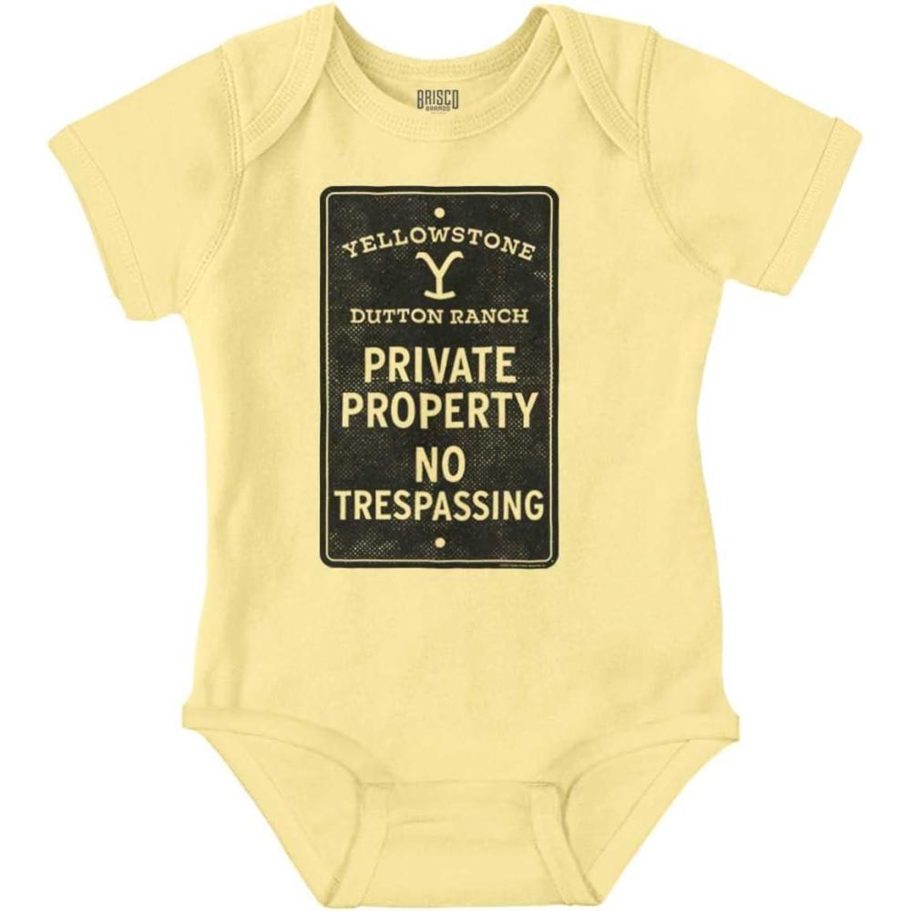 imageBrisco Brands Yellowstone Private Property Sign Baby Romper Boys or GirlsBanana