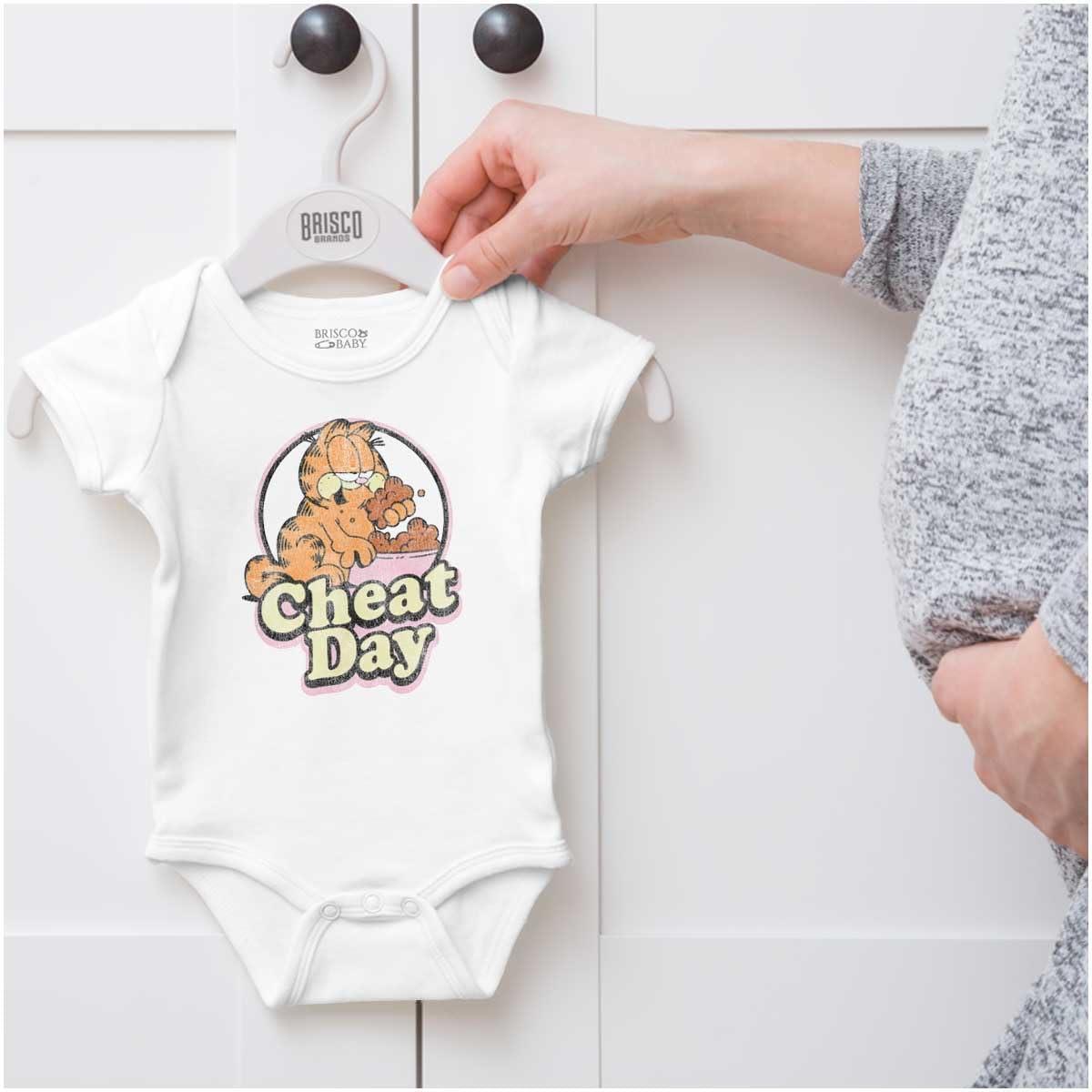 imageBrisco Brands Funny Garfield Cartoon Cheat Day Baby Romper Boys or GirlsWhite
