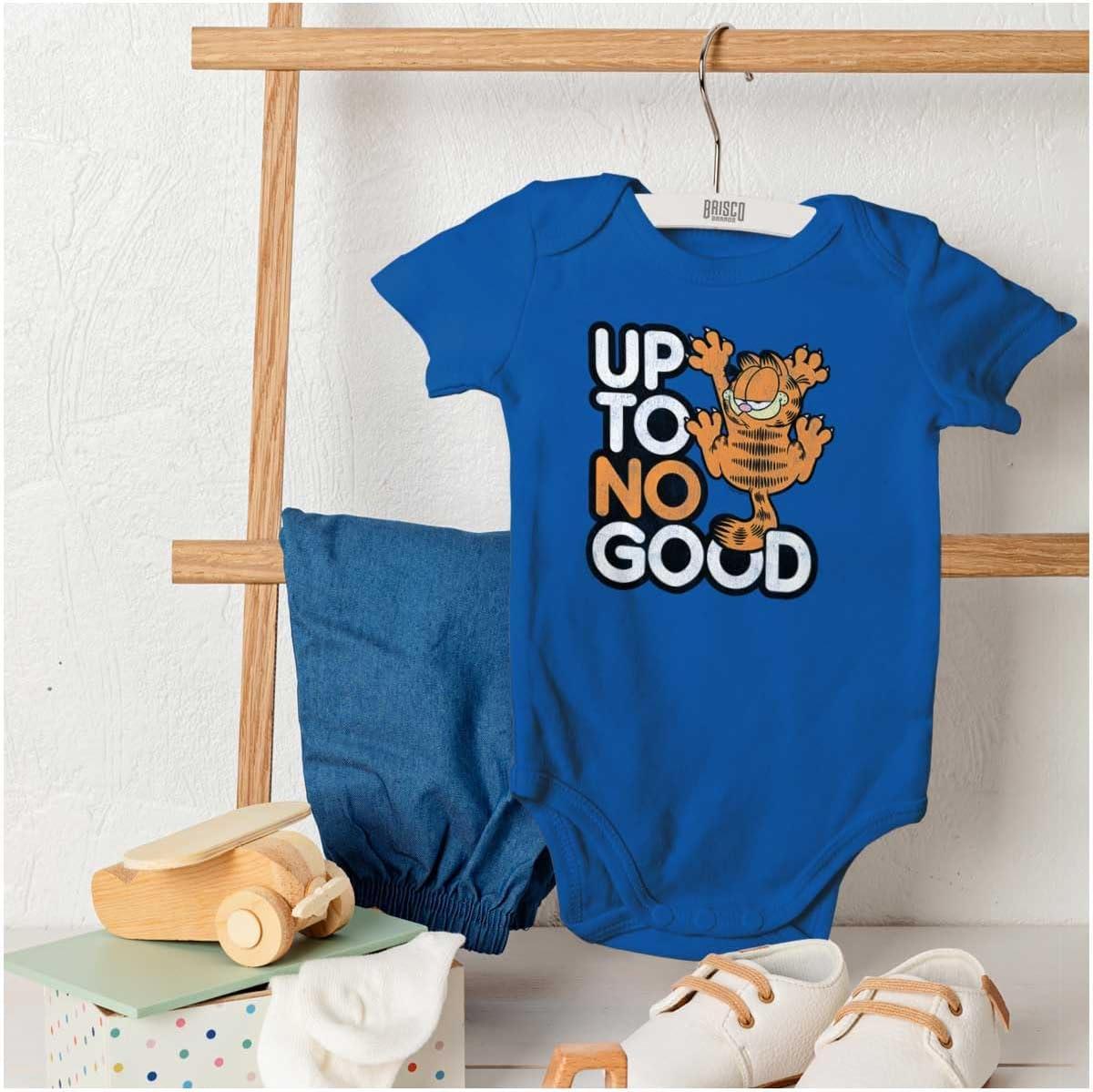 imageBrisco Brands Funny Garfield Cartoon Up To No Good Baby Romper Boys or GirlsRoyal