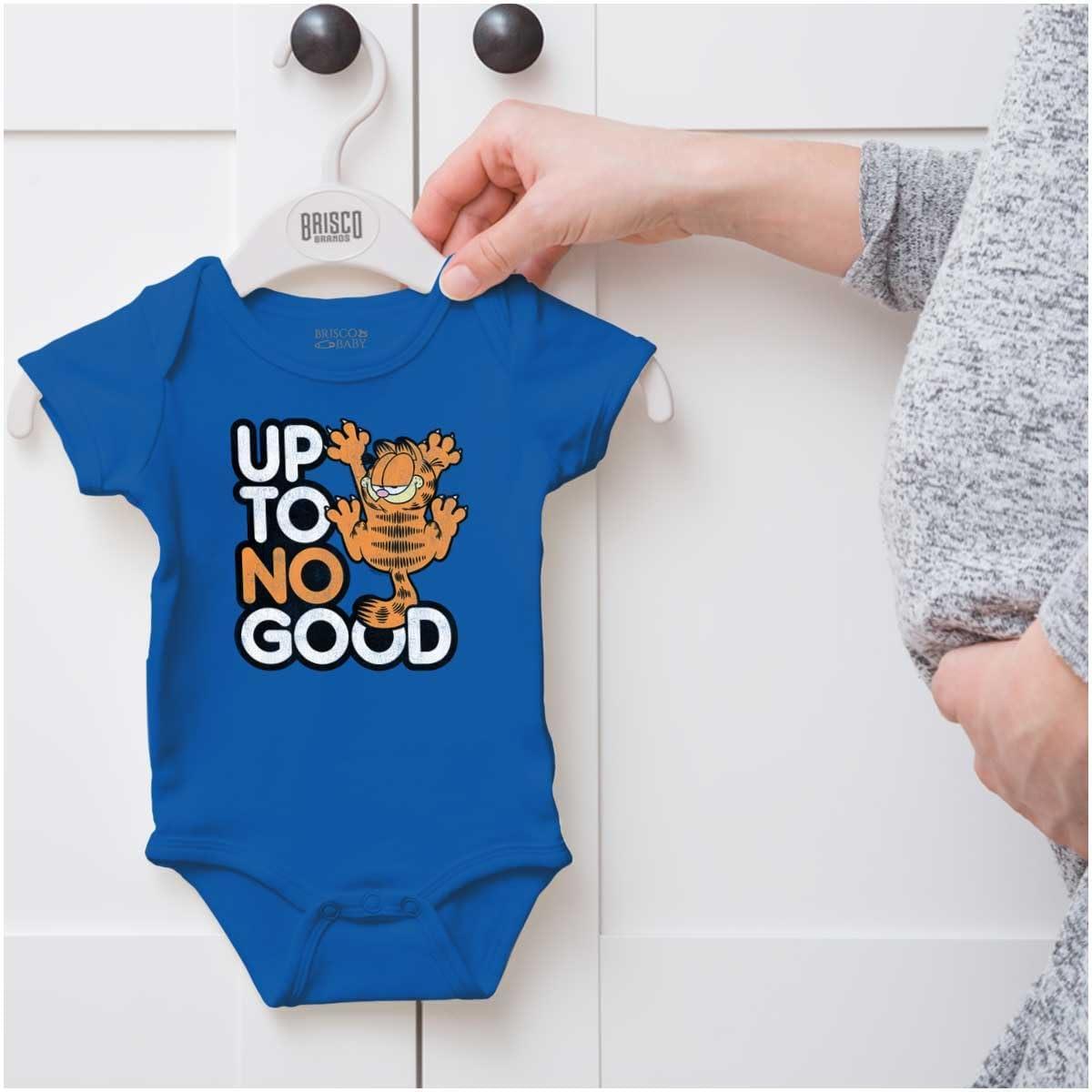 imageBrisco Brands Funny Garfield Cartoon Up To No Good Baby Romper Boys or GirlsRoyal