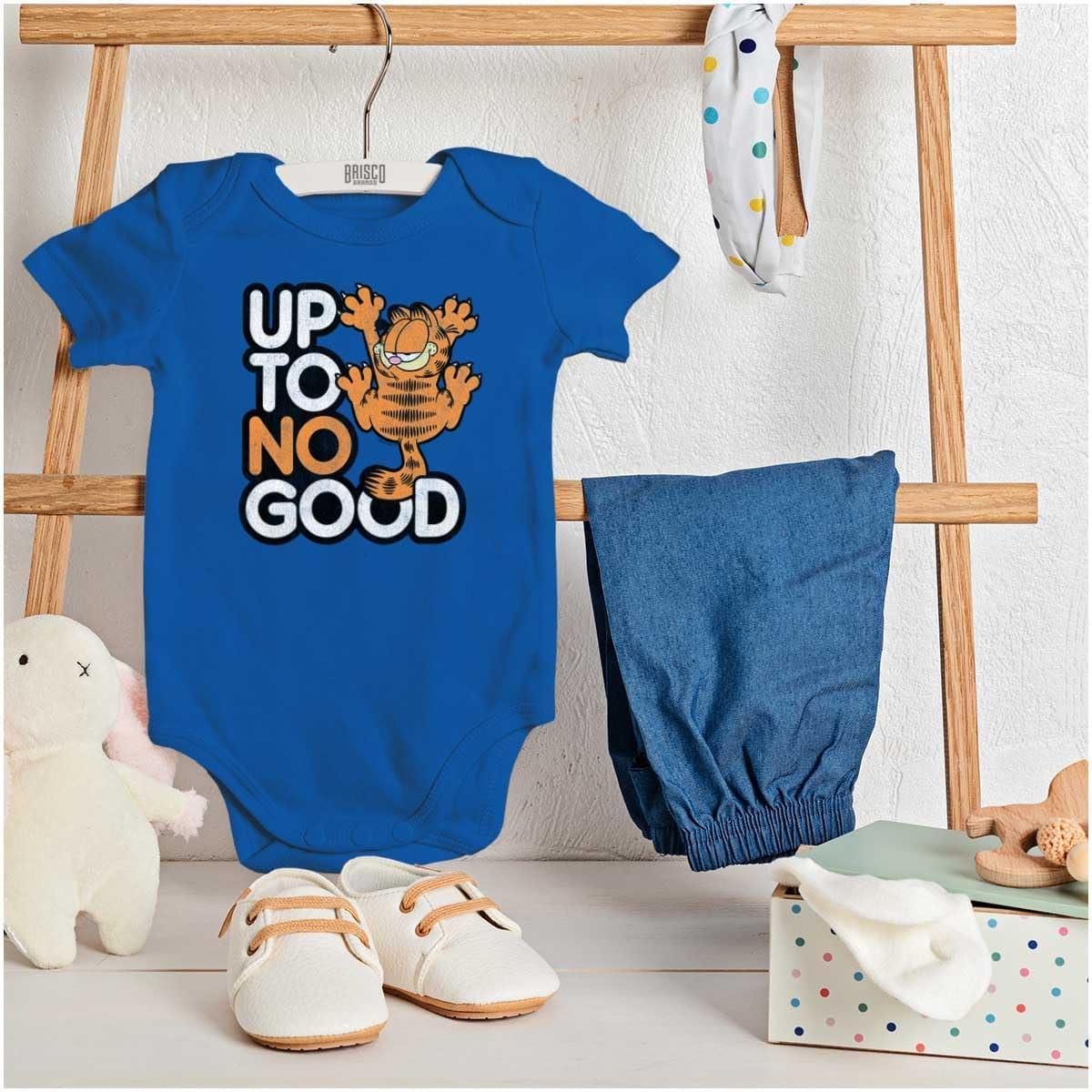 imageBrisco Brands Funny Garfield Cartoon Up To No Good Baby Romper Boys or GirlsRoyal