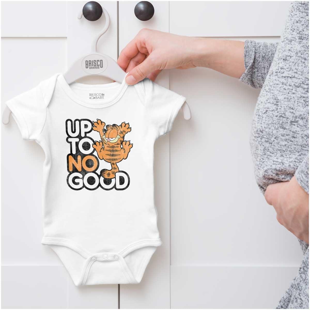 imageBrisco Brands Funny Garfield Cartoon Up To No Good Baby Romper Boys or GirlsWhite