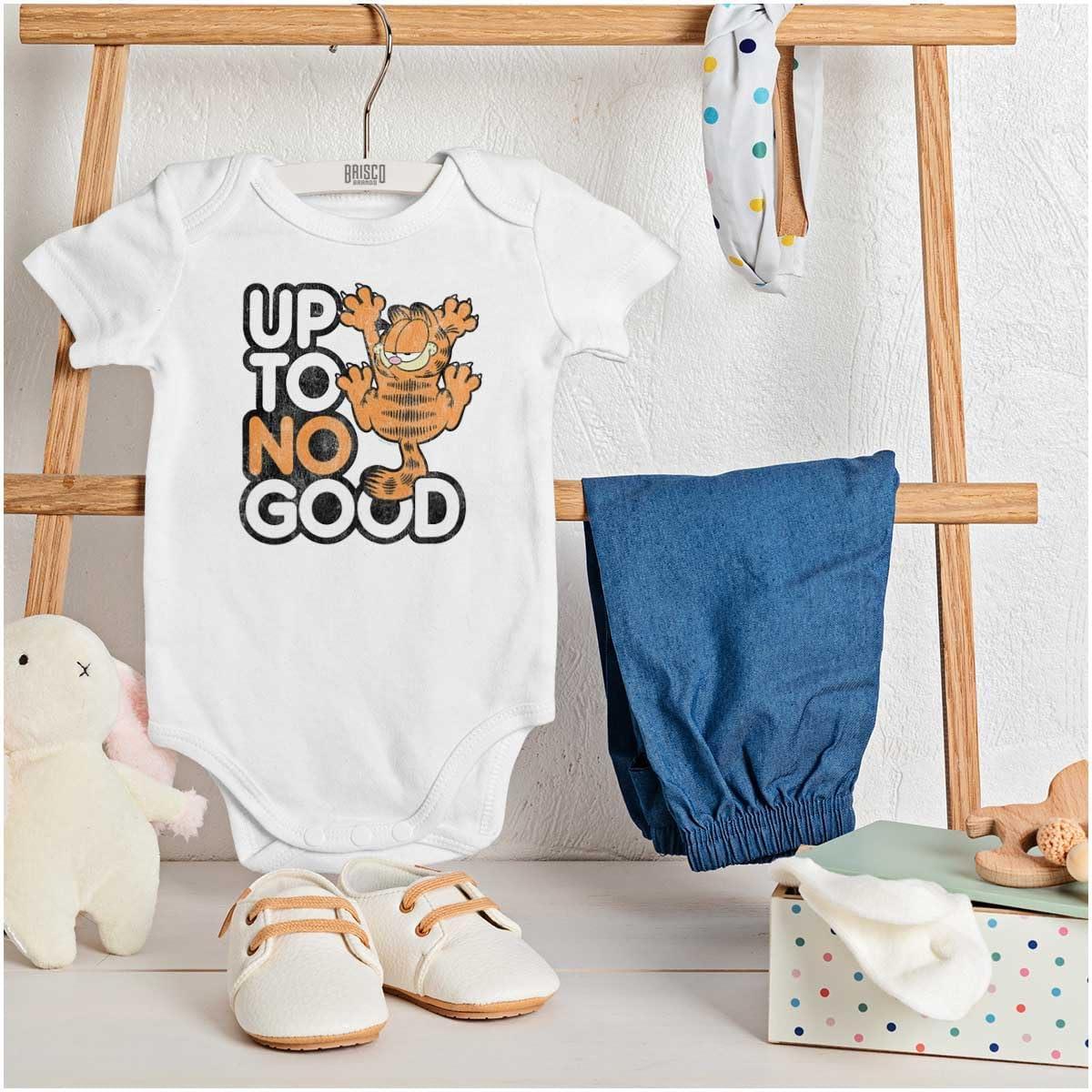 imageBrisco Brands Funny Garfield Cartoon Up To No Good Baby Romper Boys or GirlsWhite