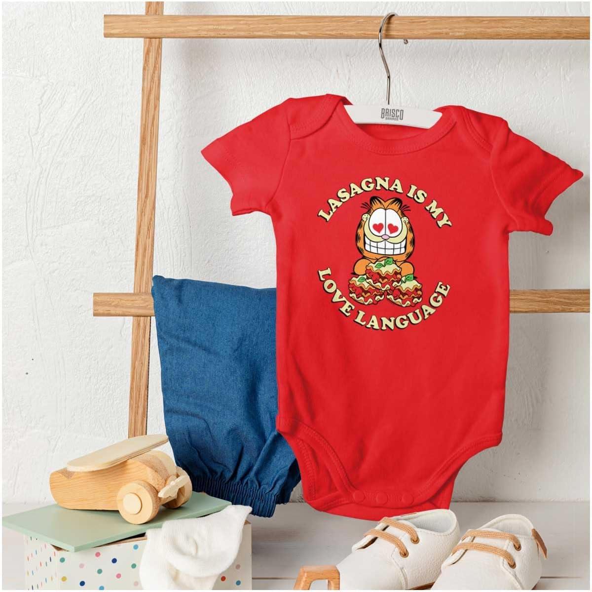 imageBrisco Brands Funny Garfield Lasagna Love Language Baby Romper Boys or GirlsRed