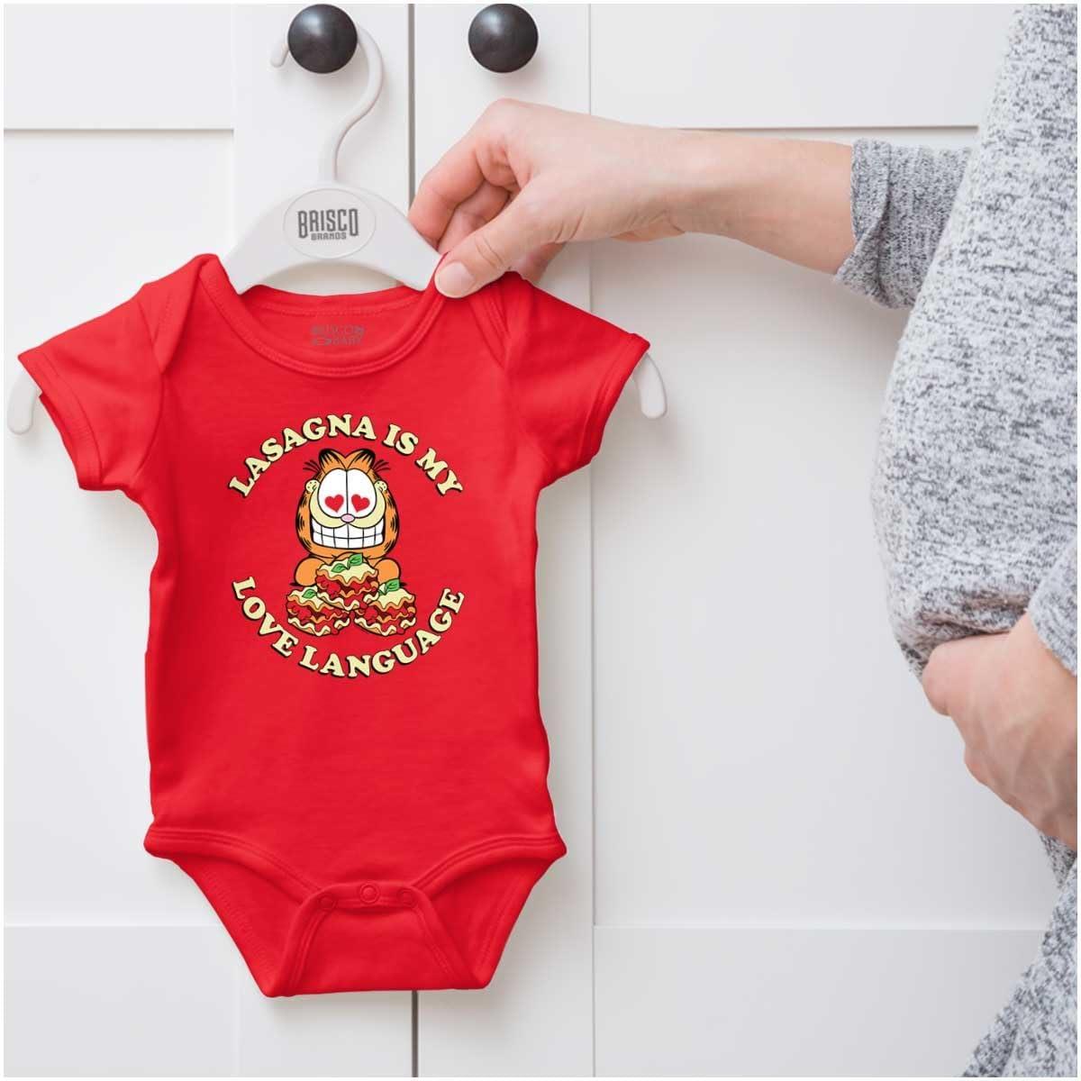 imageBrisco Brands Funny Garfield Lasagna Love Language Baby Romper Boys or GirlsRed