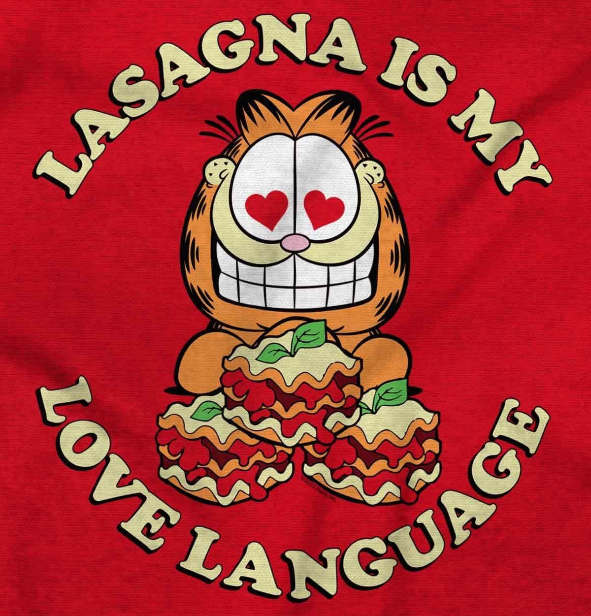 imageBrisco Brands Funny Garfield Lasagna Love Language Baby Romper Boys or GirlsRed