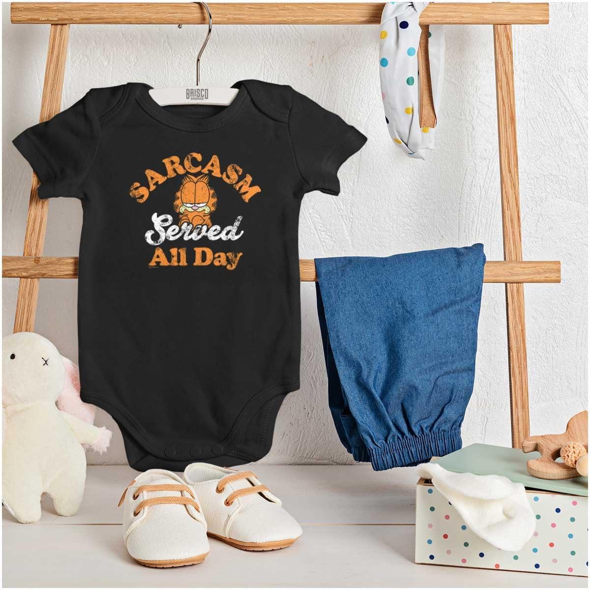 imageBrisco Brands Funny Garfield Sarcasm Served All Day Baby Romper Boys or GirlsBlack