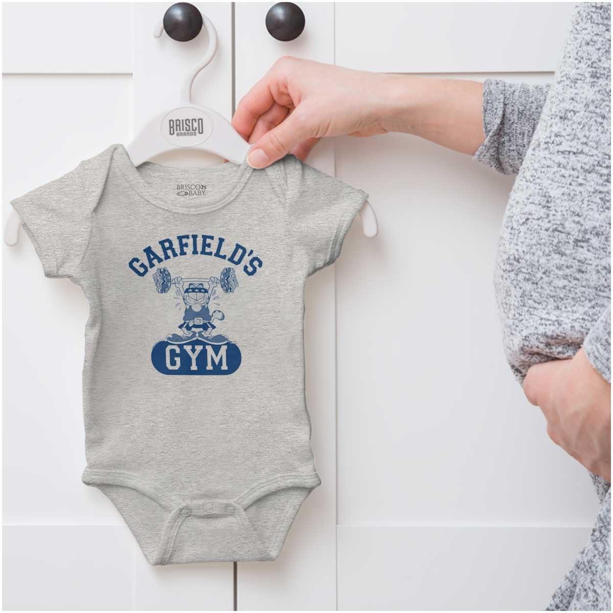imageBrisco Brands Funny Retro Cartoon Garfields Gym Baby Romper Boys or GirlsHeather