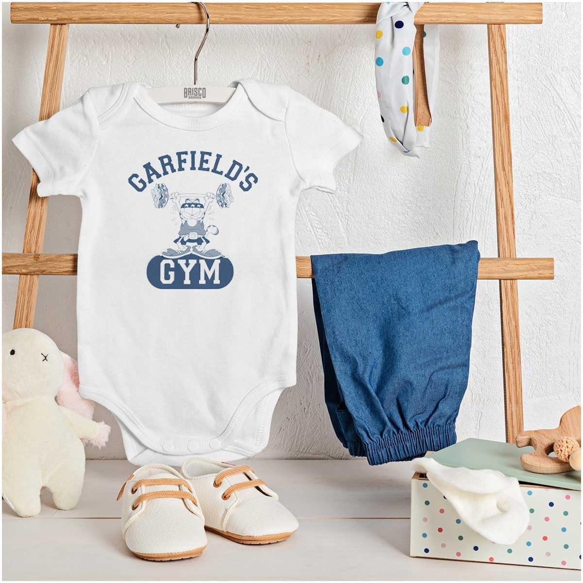 imageBrisco Brands Funny Retro Cartoon Garfields Gym Baby Romper Boys or GirlsWhite