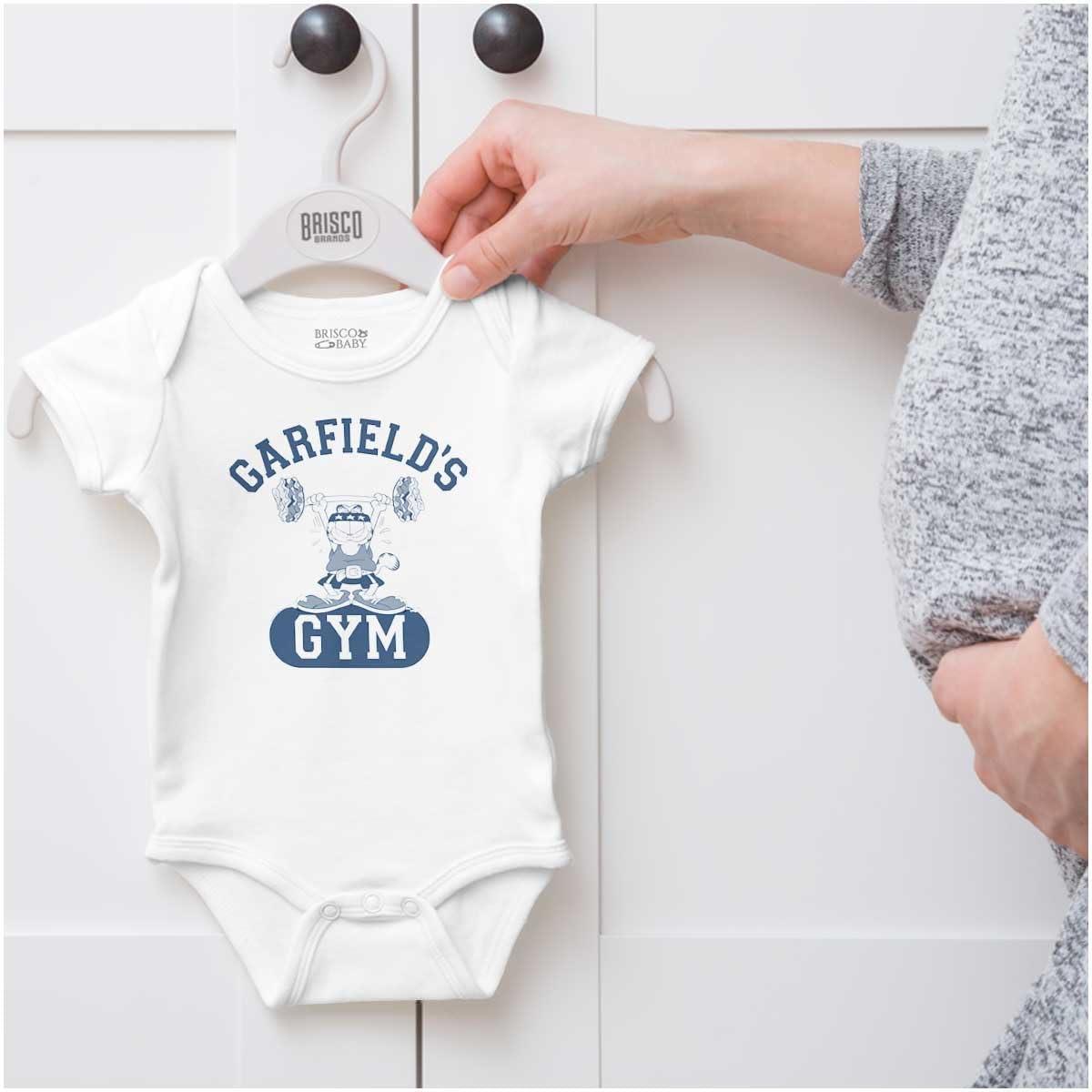 imageBrisco Brands Funny Retro Cartoon Garfields Gym Baby Romper Boys or GirlsWhite