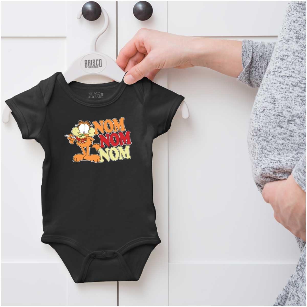 imageBrisco Brands Funny Retro Garfield Cartoon Nom Nom Baby Romper Boys or GirlsBlack