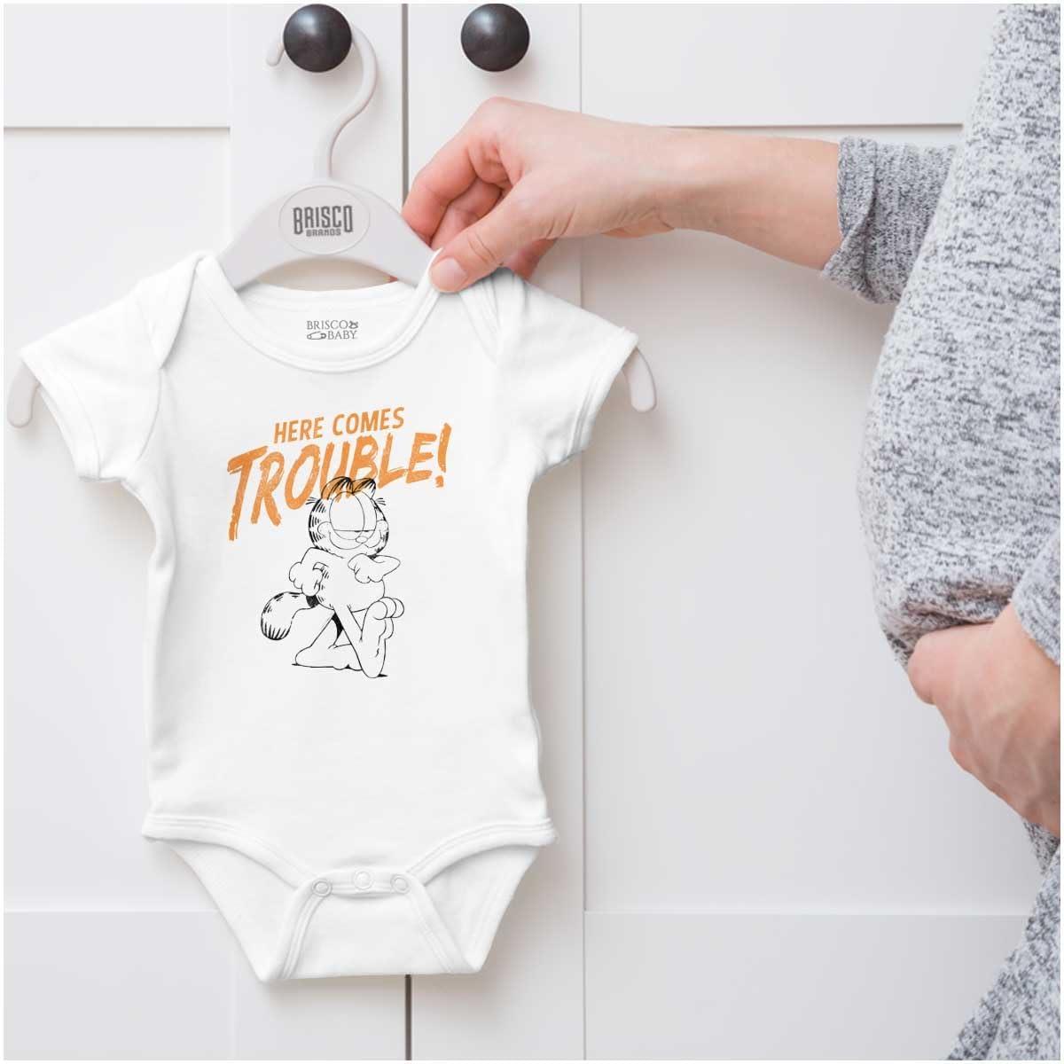 imageBrisco Brands Garfield Cartoon Here Comes Trouble Baby Romper Boys or GirlsWhite
