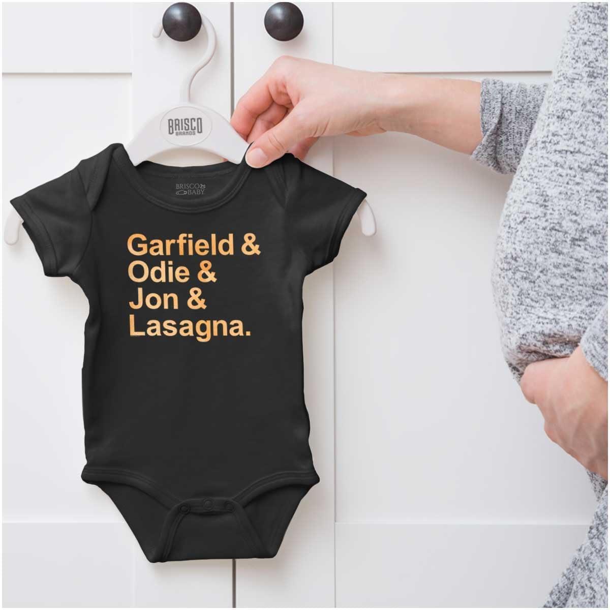 imageBrisco Brands Garfield Characters Odie Jon Lasagna Baby Romper Boys or GirlsBlack