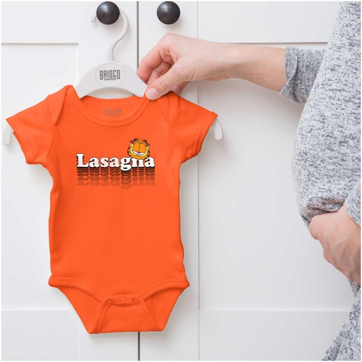 imageBrisco Brands Retro Garfield Cartoon Lasagna Baby Romper Boys or GirlsOrange