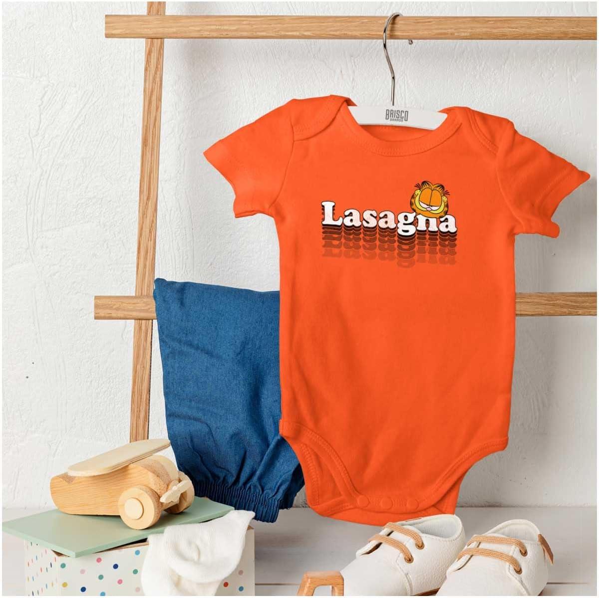 imageBrisco Brands Retro Garfield Cartoon Lasagna Baby Romper Boys or GirlsOrange